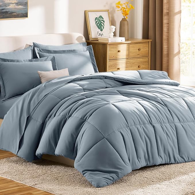 CozyLux Oversized Queen Comforter Sets Grayish Blue, 7 Pieces Bed in a Bag, 98x98 Box Stitched Design Bedding Set, All Season Soft Bed Set with Down Alternative Comforter, Sheets, Pillowcases & Shams