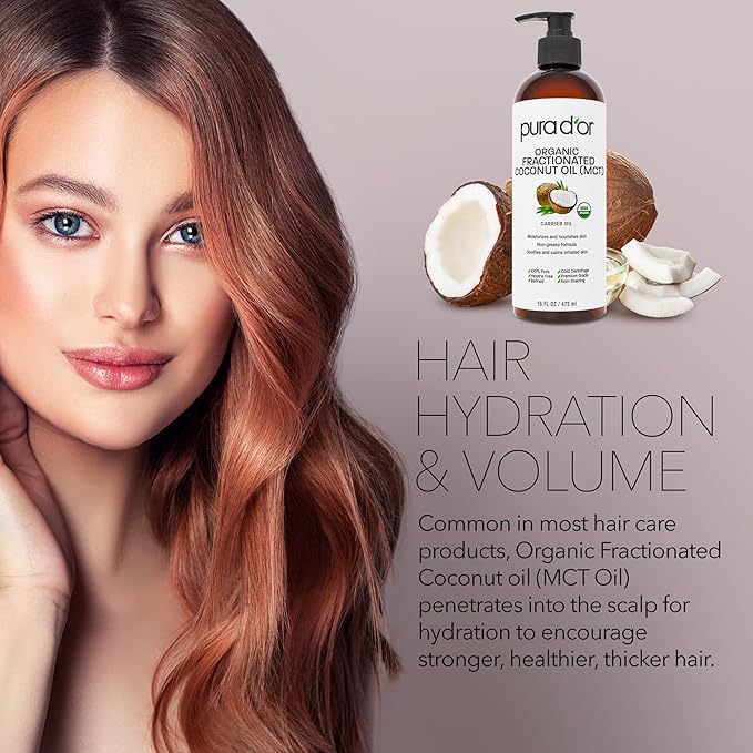 PURA D'OR ORGANIC Fractionated Coconut Oil MCT Oil (16 Oz) 100% Pure & Natural USDA Certified Cold Pressed - Unscented, Hexane Free Moisturizer For Face, Skin & Hair Tonic - Men & Women