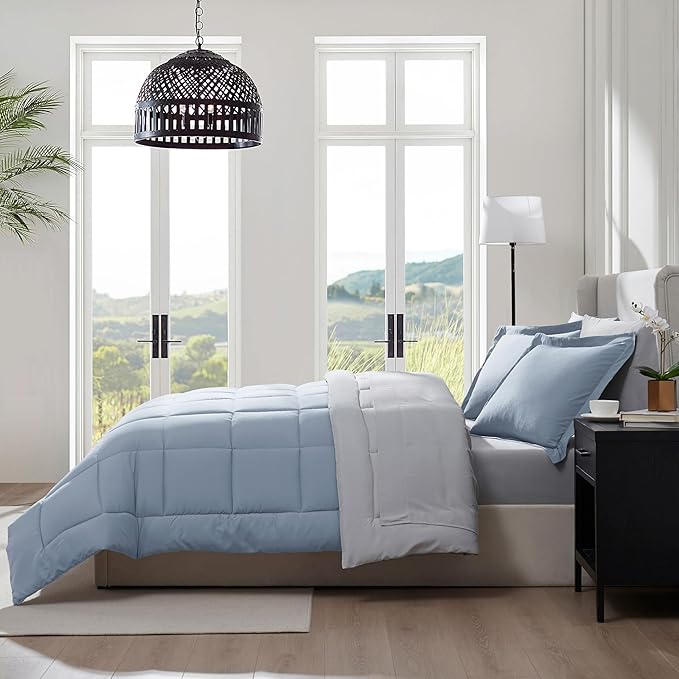 Nestl 9 Piece California King Comforter Set – Stone Blue Reversible Bed in a Bag – Complete Cal King Size Bedding Set with Sheets, Set of 2 Cooling Pillows, Pillowcases and Shams