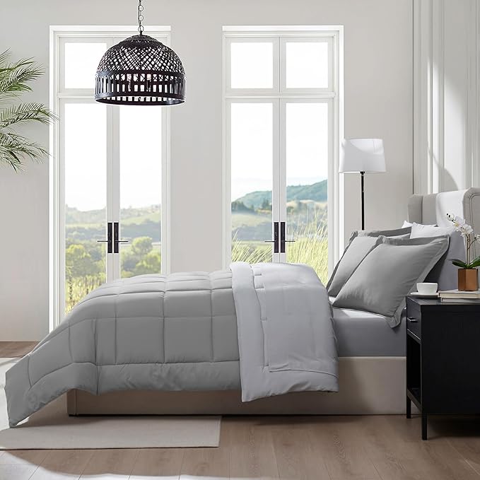 Nestl 9 Piece King Comforter Set – Grey Reversible Bed in a Bag – Complete King Size Bedding Set with Sheets, Set of 2 Cooling Pillows, Pillowcases and Shams