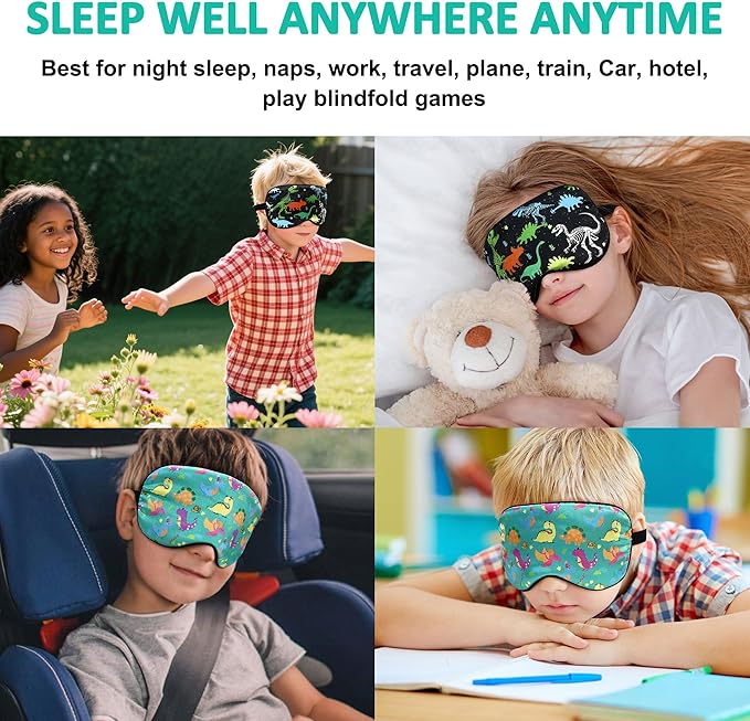 2 Pcs Sleep Mask,Cute Dinosaur World Blackout Sleeping Mask for Kids Teen,Funny Eye Mask with Adjustable Strap for Home Party Children's Travel Soft Eye Cover Blindfold (Black+Green)