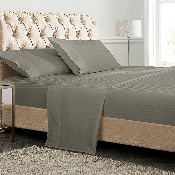 ROYALE LINENS 300 Thread Count 100% Long Staple Combed Cotton Striped Sheet Set - 3 Piece Twin Bed Sheets - 1 Fitted, 1 Flat & Pillow case -Soft Cool & Crisp Sheet Set (Twin, Stripe Silver)