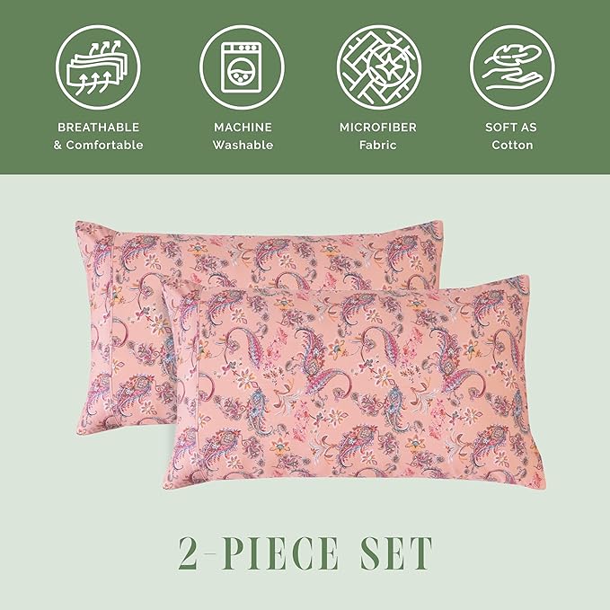 Elegant Comfort Ultra Soft Set of 2 Floral Print Pillowcases - 1500 Premium Hotel Quality Microfiber, Soft and Smooth Envelope Closure 2-Piece Pillow Covers - King, Paisley Coral