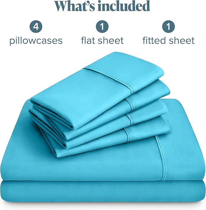 Bare Home Hotel Luxury King Sheet Set, Extra Soft - 6 Piece Set - Deep Pockets - Easy Fit - Cooling & Breathable - Wrinkle, Fade, Stain Resistant - Includes 4 Pillowcases (King, Aqua)