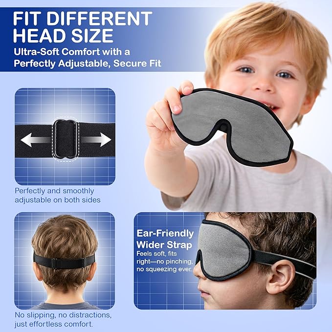 3D Sleep Mask for Kids, Light Block Sleeping Blindfold Memory Foam Contoured Eye Mask for Sleep, Adjustable Strap Eye Cover and Travel Sleep Mask for Boys Girls, Grey