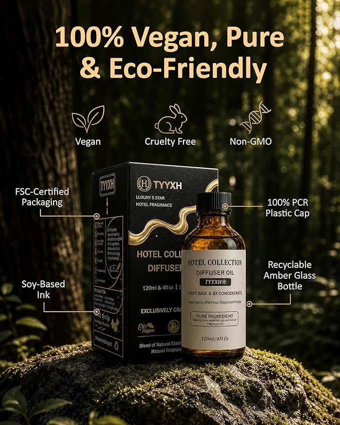 Hotel Diffuser Oil Inspired by Four Seasons Hotel – Fragrance & Essential Oil Blend for Waterless & Cold Air Diffusers – Citrus, Rose, Cedar – Long-Lasting Aroma – Aromatherapy – 4 Fl Oz Glass Bottle