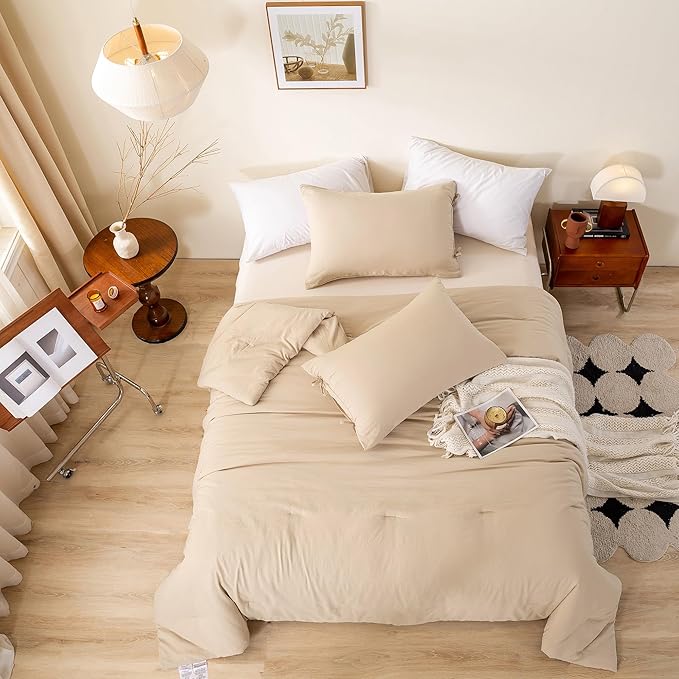 Ultra-Soft Bed Comforter King Set, Comfy Cozy Washed Polycotton, Comfort Fluffy Bedding Blanket Down Alternative Comforter Set with Pillowcase - Lightweight but Warm All Season, Khaki Beige