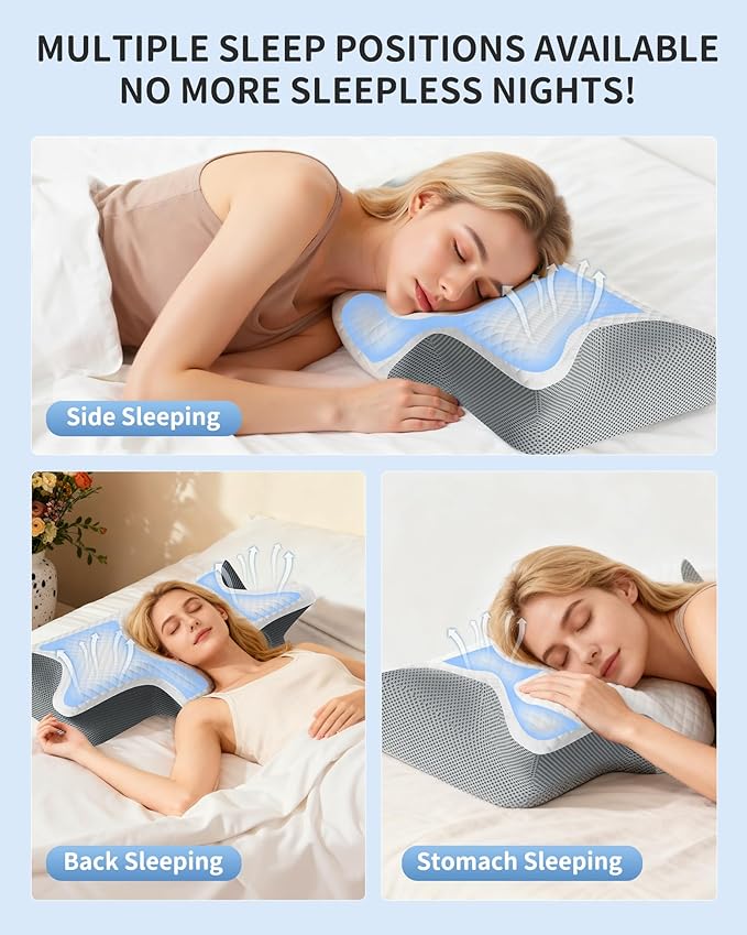 LiKiLiKi 2025 Upgrade Neck Pillow, Side Sleeper Pillow, Memory Foam Ergonomic Cervical Neck Pillows with Cooling Cover for Neck Pain Relief Side Back Stomach Sleeper (White Grey)