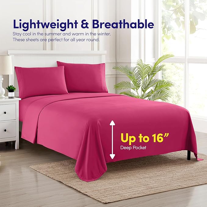 1500 Supreme Collection Extra Soft RV Queen Sheet Set, Fuscia- Luxury Bed Sheet Set with Deep Pocket Wrinkle Free Bed Sheets, RV Queen Size, Fuscia