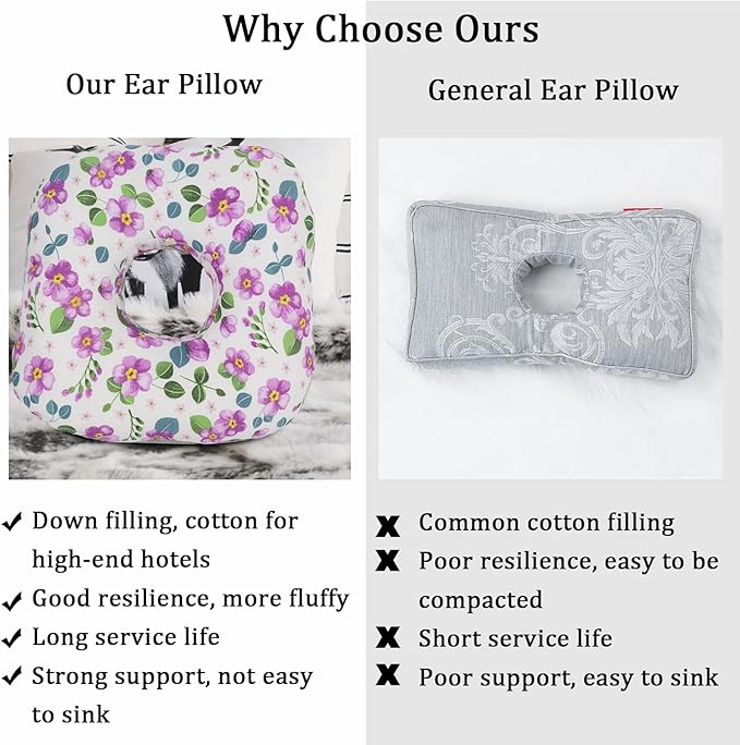 Ear Piercing Pillow for Side Sleepers, Pillow with an Ear Hole for CNH and Ear Pain Ear Inflammation Pressure Sores, O-Shaped Side Sleeping Pillow, Ear Guard Pillow (Purple Flowers)