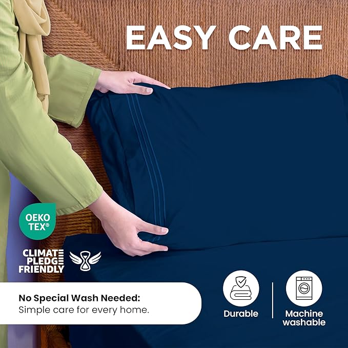 ROYALE LINENS 3 Piece Twin Sheets Set - Soft Brushed 1800 Microfiber Bedding - 1 Fitted and 1 Flat Sheet, 1 Pillow case - Wrinkle Free & Fade Resistant - Hotel Luxury Bed Sheets Set (Navy, Twin)