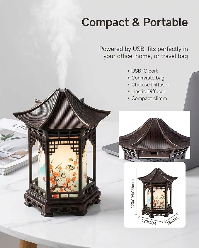2-in-1 Aroma Diffuser & Night Light - Ultrasonic Essential Oil Diffuser & Cool Mist Humidifier with 2 Modes, Japanese Lantern Style Home Decor Diffuser for Bedroom, Office, Yoga (Dark Color)
