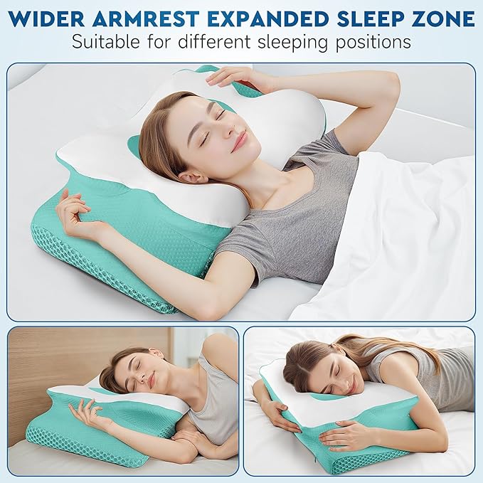 CushZone Cervical Neck Pillow, Memory Foam Neck Support Pillows for Sleeping, Shoulder Pillow for Side Sleepers, Back Stomach Sleepers, CertiPUR-US Certified, Queen Size, Green
