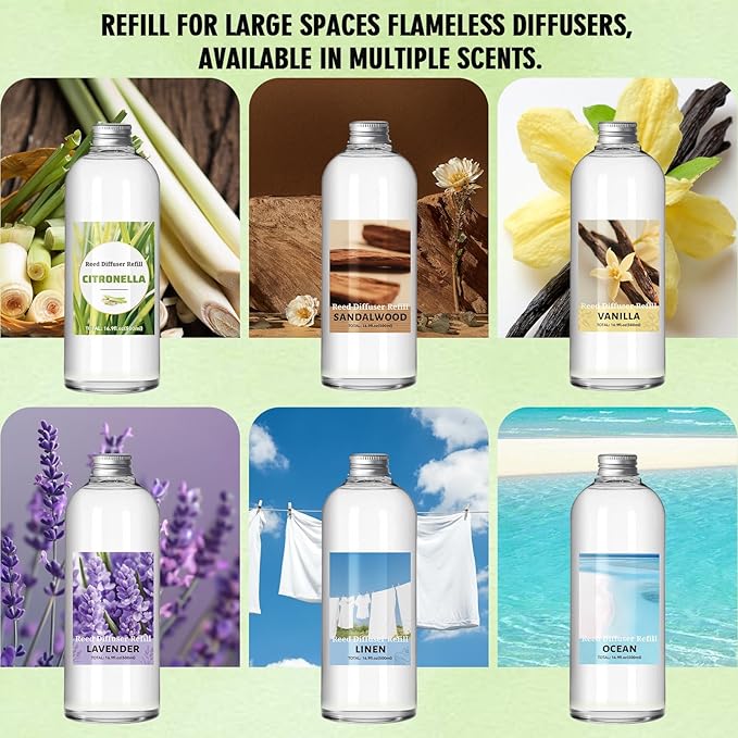 SCENTORINI Reed Diffuser Oil Refill, 16.9oz Natural Citronella Scented Essential Oil with 6 Sticks, Long Lasting Home Fragrance for Large Space, Bathroom, Spa Room, Hotel, Patio, Outdoor, Office