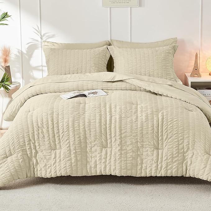 HYMOKEGE Oatmeal Full Size Comforter Sets Seersucker 7 Pieces, All Season Luxury Bed in a Bag for Bedroom, Bedding Set with Comforter, Sheets, Pillowcases & Shams
