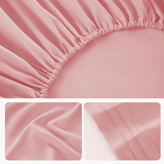 ROSE&RISY Pink Sheet Set, 4 Pieces Soft Bedding Queen Sheet Set, Breathable and Cooling,Includes 1 Fitted, 1 Flat, 2 Pillow Cases - Deep Pocket(Pink, Queen)