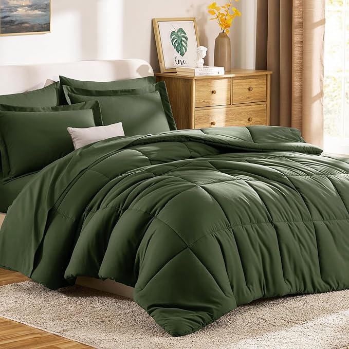 CozyLux King Size Comforter Set Olive Green - 7 Pieces Bed in a Bag King, Okeo-Tex Certifited Bedding Set, All Season Soft Bed Set with Down Alternative Comforter, Sheets, Pillowcases & Pillow Shams