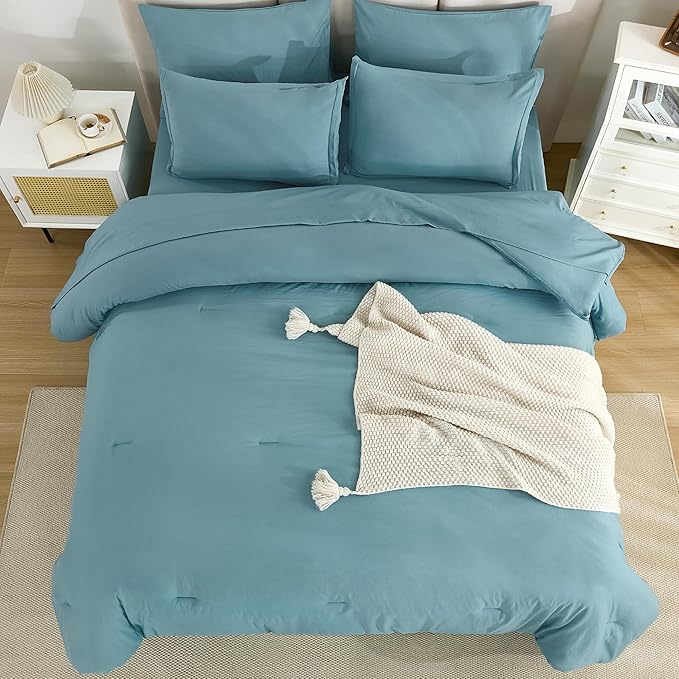 Litanika Super King Plus Comforter Sets Grayish Teal - 7 Pieces Bed in a Bag Beddding Sets, Solid Lightweight Bed Set with Comforter, Sheets, Pillowcases & Shams