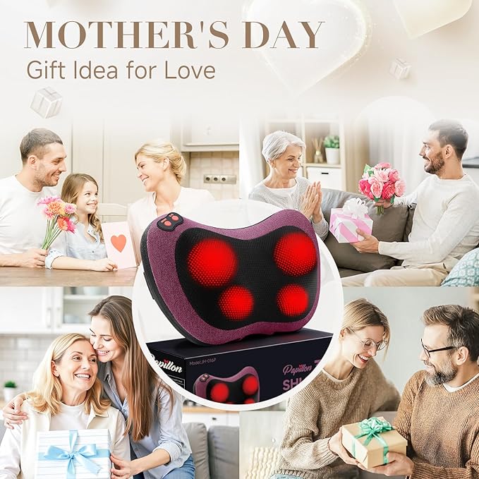 Papillon Shiatsu Back Massager with Heat, Mothers Day Gifts for Mom, Wife, Women & Her,Deep Tissue Massage Pillow for Neck,Shoulder,Foot & Lower Back Pain Relief,Gifts for Women,Her, Dad, Men (Purple)