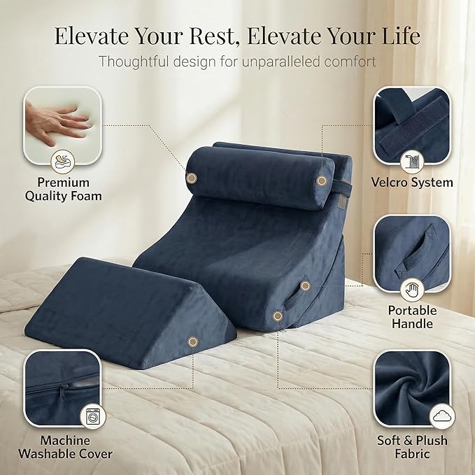 Axelrod 4PCS Orthopedic Bed Wedge Pillow Set, Post Surgery Foam for Back, Neck and Leg Pain Relief Comfortable & Adjustable Pillows- Anti Snoring, Heartburn, Acid Reflux & GERD Sleeping Dark Blue