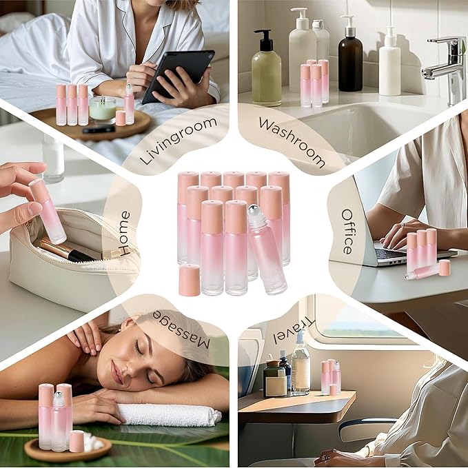 SESENSE Essential Oil Roller Bottles, 10ml Thick Glass Perfume Roller Bottles with Funnel Opener and Dropper Colored Glass Empty Bottles with Stainless Steel Roller Balls (Pink, 12 Pack)