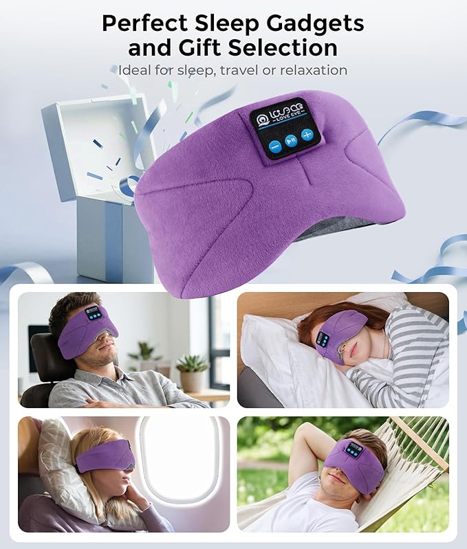 LOVE EYE Sleep Headphones Bluetooth 5.4 Sleeping Eye Mask Wireless Music Earphones with HD Speakers for Side Sleepers Total Blackout Cotton Mask for Travel, Office, Unique Gifts (Lavender Purple)