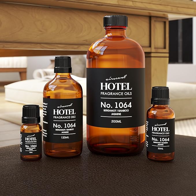 AirScent Hotel Diffuser Oil No. 1064 - Bergamot Bamboo Jasmine - Premium Fragrance Oil for Ultrasonic and Waterless Diffusers and Crafting - 120 mL, 4 fl oz Glass Dropper Bottle