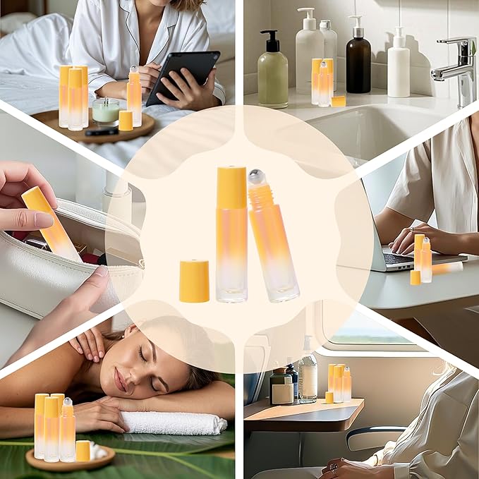 SESENSE Essential Oil Roller Bottles, 10ml Thick Glass Perfume Roller Bottles with Funnel Opener and Dropper Colored Glass Empty Bottles with Stainless Steel Roller Balls (Orange, 4 Pack)