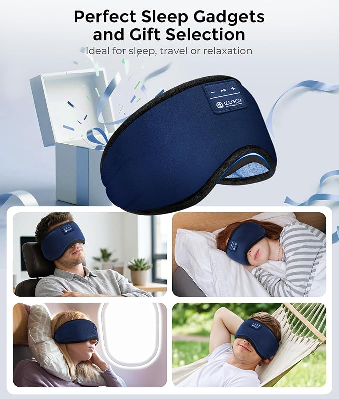 LOVE EYE Sleep Headphones Bluetooth 5.4 Sleeping Eye Mask Wireless Music Earphones with HD Speakers for Side Sleepers Total Blackout Cotton Mask for Travel, Office, Unique Gifts (Dark Blue)