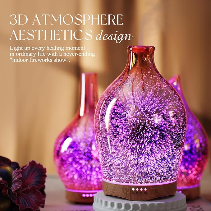 Porseme 280ml Essential Oil Diffuser 3D Glass Aromatherapy Ultrasonic Humidifier - Auto Shut-Off, Timer Setting, BPA Free for Home Hotel Yoga Leisure SPA Gift(Rose Gold)
