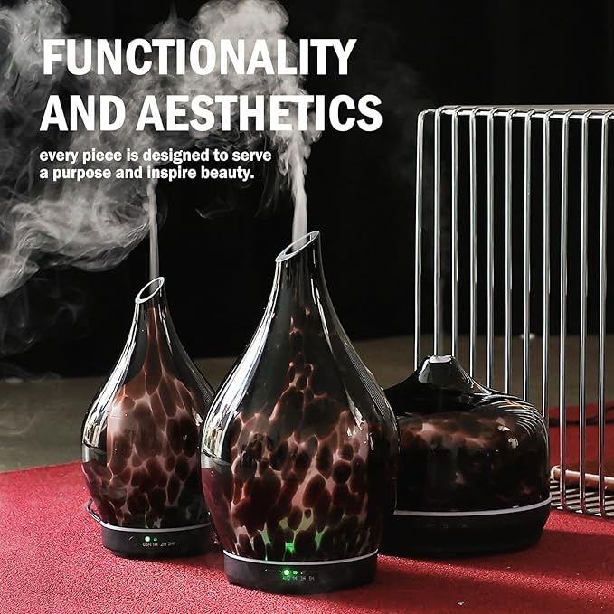 Porseme Essential Oil Diffuser Hand-Blown Glass Aroma Diffusor, Aromatherapy Unltrasonic Cool Mist deffuser, 7 Color Changing, Waterless Shut-Off, Timer Function for Home Office(280ml, Lava)