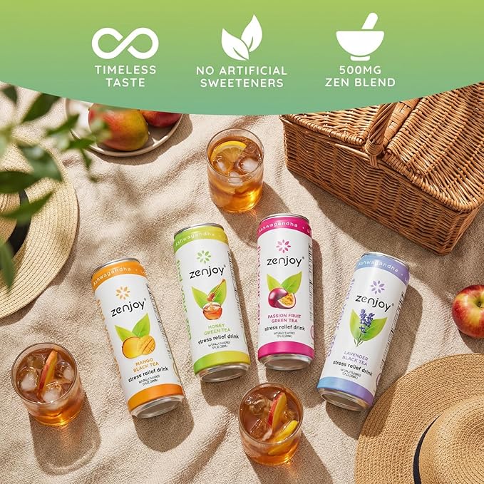 Zenjoy Stress Relief Drink, Calming Black Tea, Non Alcoholic, Ashwagandha & Lemon Balm for Stress Relief, L - Theanine for Focus (12 Pack) (Mango)