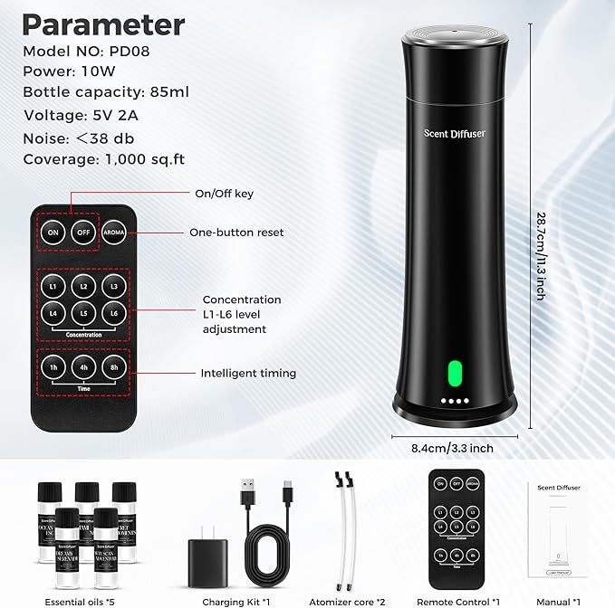 Waterless Scent Diffuser Kit — Covers 1,500 sq. ft. Suitable for Large Rooms, Home, Offices, and Hotels. Includes Five Essential Oils and Remote Control. Black