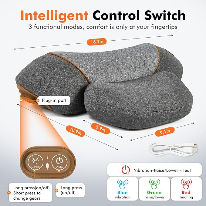 Cordless Electric Neck Massager Pillow for Pain Relief Deep Tissue, 3-in-1 Rechargeable Neck Cervical Traction Device with Heat, Massage, Electric Stretch, Ergonomic Neck Shoulder Relaxer