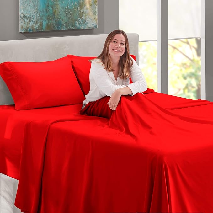 Nestl Full Size Sheet Set, 4 Piece Extra Deep Pocket (18-24 inches), Microfiber, Hotel Luxury, Soft, Breathable, Wrinkle-Free, Easy to Care, Red