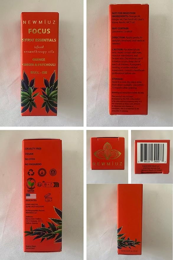 Focus Roll On Essential Oil Concentration Memory Attention Orange Ginger Patchouli Functional Aromatherapy Stick Self Care Study Gift Stocking Stuffer