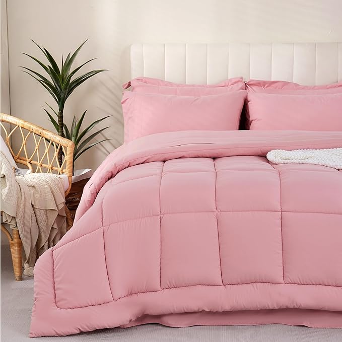 DOWNCOOL Full Size Comforter Sets, 7Pcs Full Size Bedding Sets Pink, All Season Down Alternative Bedding Comforter Sets with Comforter, Flat Sheet, Fitted Sheet, 2 Pillow Shams & 2 Pillowcases