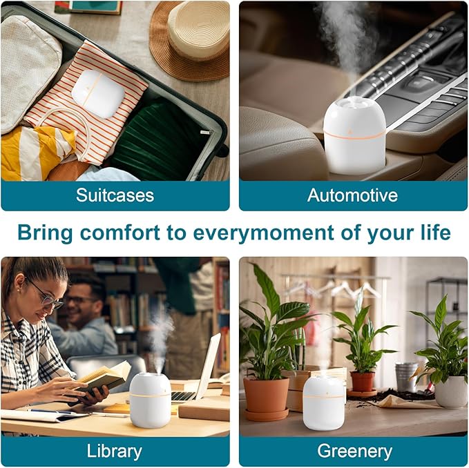Portable Small Humidifier, USB Personal Desktop Humidifier for Car, Office Room, Bedroom, Auto Shut-Off, 2 Mist Modes, Super Quiet, 220ml, White