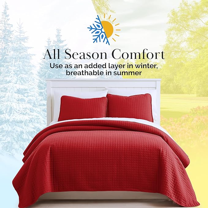 Southshore Fine Living, Inc. Red Quilt King Size Set with 2 Pillow Shams, Soft Microfiber Bedspread, Stain & Pet Hair Resistant Bedding, Cal/King Quilt Set with 2 Pillow Shams, Chili Pepper Red