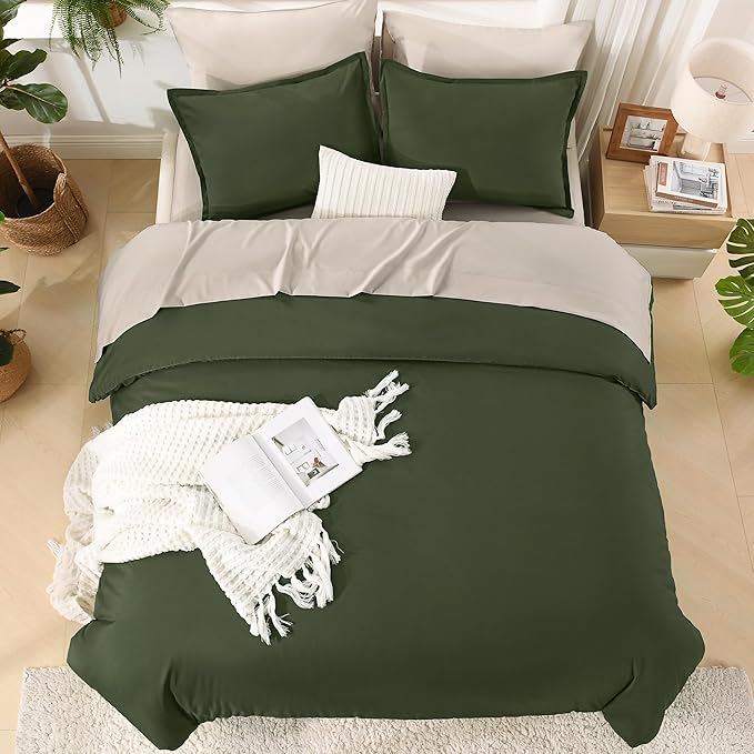 Litanika Comforter Full Size Set Olive - 7 Pieces Bed in a Bag Full Beddding Comforter Sets, Plain Lightweight Bed Set with Comforter, Sheets, Pillowcases & Shams