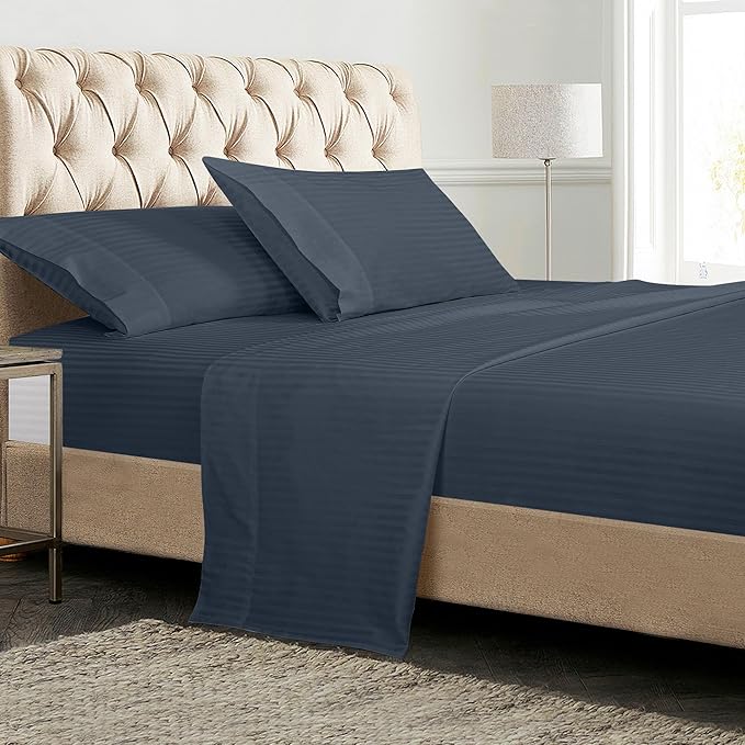 ROYALE LINENS 300 Thread Count 100% Long Staple Combed Cotton Striped Sheet Set - 4 Piece Queen Bed Sheets - 1 Fitted, 1 Flat & 2 Pillow Cases - Soft Cool & Crisp Sheet Set (Queen, Stripe Navy)