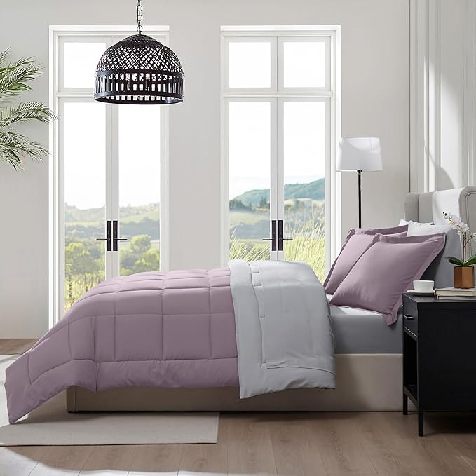 Nestl 9 Piece King Comforter Set – Dusty Purple Reversible Bed in a Bag – Complete King Size Bedding Set with Sheets, Set of 2 Down Alternative Pillows, Pillowcases and Shams
