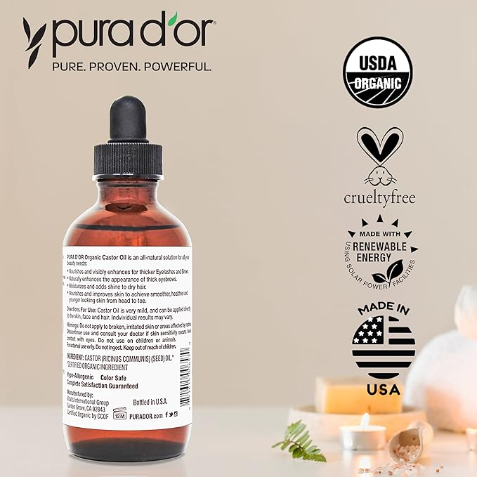 PURA D'OR 4 Oz Organic Castor Oil – Pure Cold-Pressed, Hexane-Free, USDA Certified – Lashes, Brows, Hair Relaxer, Scalp, Skin – Moisturizer Supporting Softness, Strength, Hydration, Shine & Radiance