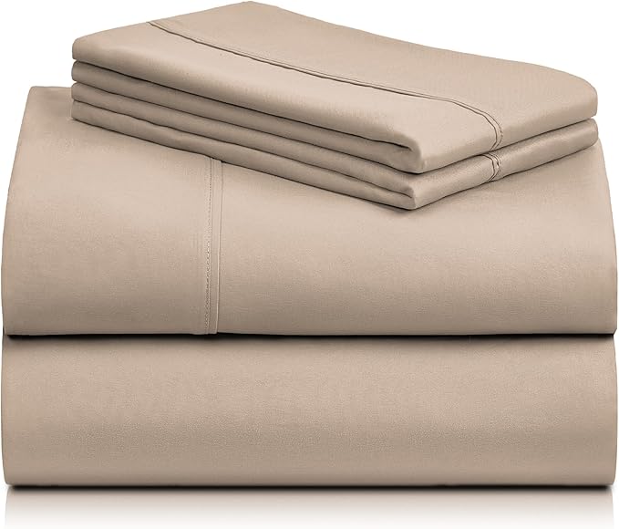LuxClub 4 PC Queen Sheet Set, Breathable Luxury Bed Sheets, Deep Pockets 18" Wrinkle Free Cooling Sheets Machine Washable Hotel Bedding Silky Soft - Light Khaki Queen