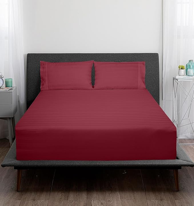 ROYALE LINENS 300 Thread Count 100% Long Staple Combed Cotton Striped Sheet Set - 4 Piece Full Bed Sheets - 1 Fitted, 1 Flat, 2 Pillow Cases -Soft Cool & Crisp Sheet Set (Full, Multi Stripe Burgundy)