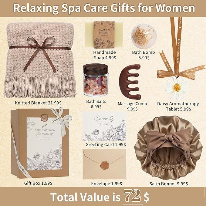Self Care Gifts Baskets for Women, Relaxing Spa Care Package for Women, Mother's Day Birthday Gift Get Well Soon Gifts Baskets Thinking of You Gift, Spa Gift Basket with Bonnet & Massgae Comb, Brown