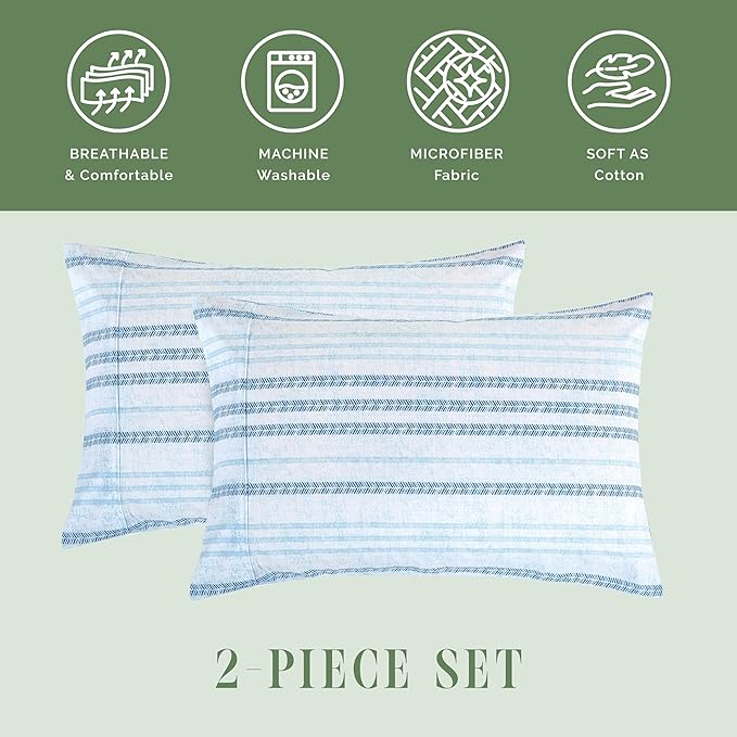 Elegant Comfort Ultra Soft Set of 2 Striped Print Pillowcases - 1500 Premium Hotel Quality Microfiber, Soft and Smooth Envelope Closure 2-Piece Pillow Covers - King, Traci Aqua
