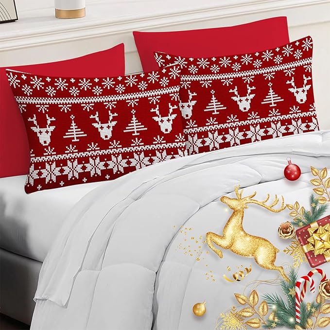 YIYEA Christmas Pillow Cases Standard Size Set of 4, Ultra Soft Double Brushed Microfiber Red Pillowcases and Christmas Reindeer Pillow Covers, Envelope Closure, Fade Resistant (20"x26")