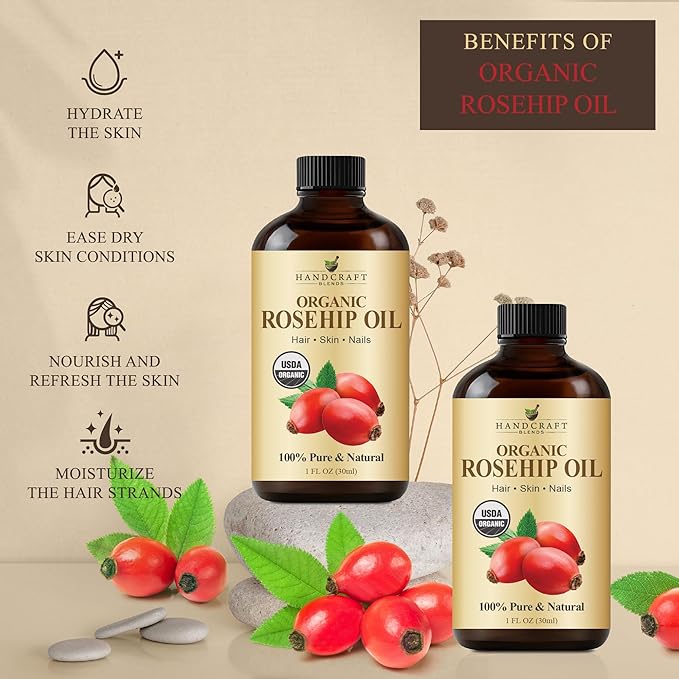 Handcraft Blends Cold-Pressed Organic Rosehip Oil | 1 Fl Oz | 100% Pure and Natural | Premium Grade Oil | Face, Skin and Hair | Protect | Nourish | Carrier Oil