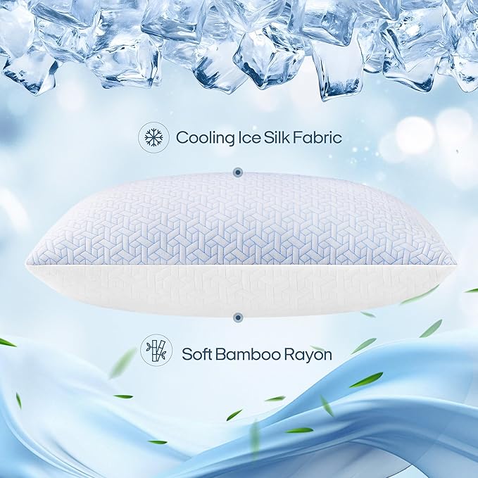 puredown® Cooling Pillows Queen Size Set of 2, Memory Foam Pillows Adjustable Firm Bed Pillows for Sleeping, Cool Pillow for Hot Sleepers with Zipper Removable Pillow Cover
